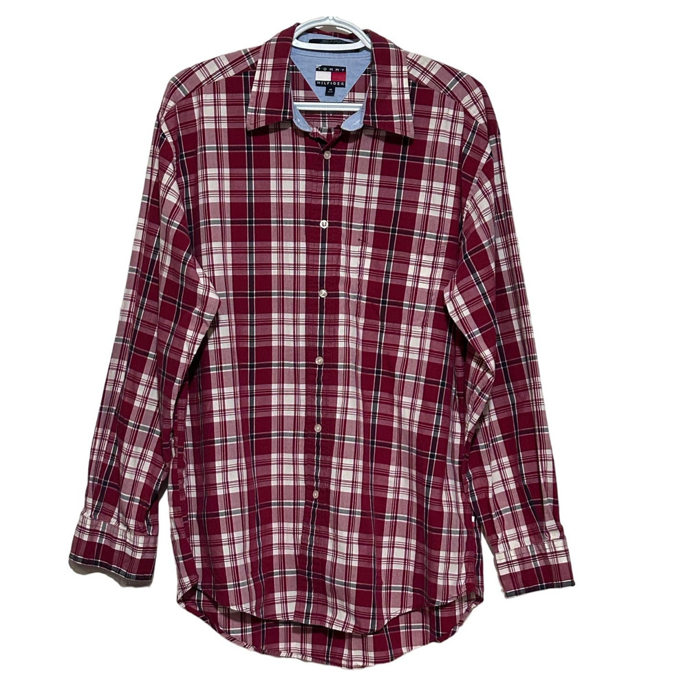Tommy‎ Hilfiger Men's Red Gray Long Sleeve Button Front Shirt Size M